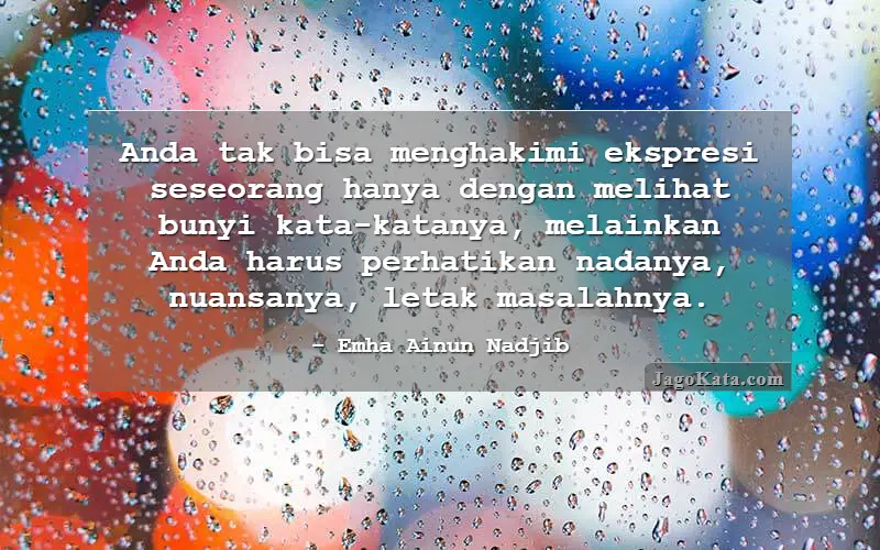 Anda tak bisa menghakimi ekspresi seseorang hanya dengan melihat bunyi kata-katanya, melainkan Anda harus perhatikan nadanya, nuansanya, letak masalahnya.