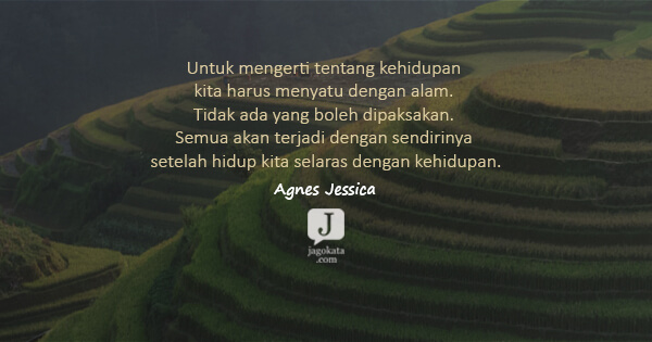 Agnes Jessica - Untuk mengerti tentang kehidupan kita harus menyatu dengan alam. Tidak ada yang boleh dipaksakan. Semua akan terjadi dengan sendirinya setelah hidup kita selaras dengan kehidupan.