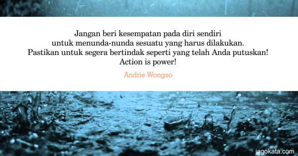 Andrie Wongso - Jangan beri kesempatan pada diri sendiri untuk menunda-nunda sesuatu yang harus dilakukan. Pastikan untuk segera bertindak seperti yang telah Anda putuskan! Action is power!