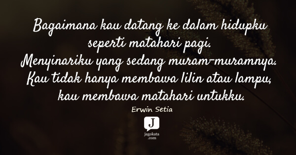 Erwin Setia - Bagaimana kau datang ke dalam hidupku seperti matahari pagi. Menyinariku yang sedang muram-muramnya. Kau tidak hanya membawa lilin atau lampu, kau membawa matahari untukku.