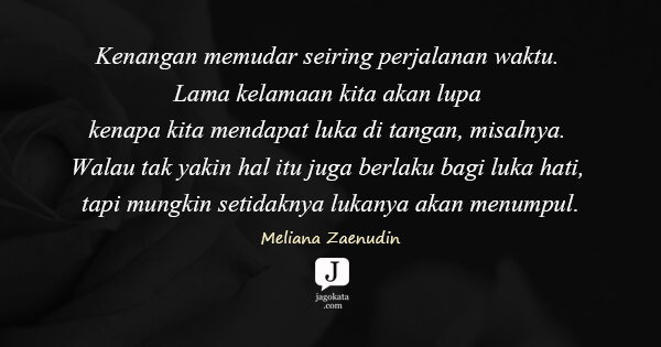 Meliana Zaenudin - Kenangan memudar seiring perjalanan waktu. Lama kelamaan kita akan lupa kenapa kita mendapat luka di tangan, misalnya. Walau tak yakin hal itu juga berlaku bagi luka hati, tapi mungkin setidaknya lukanya akan menumpul.