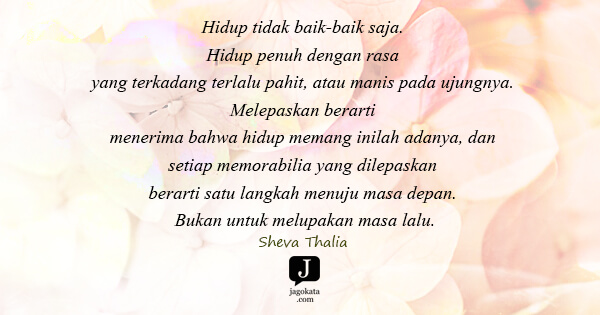 Sheva Thalia - Hidup tidak baik-baik saja. Hidup penuh dengan rasa yang terkadang terlalu pahit, atau manis pada ujungnya. Melepaskan berarti menerima bahwa hidup memang inilah adanya, dan setiap memorabilia yang dilepaskan berarti satu langkah menuju masa depan. Bukan untuk melupakan masa lalu.