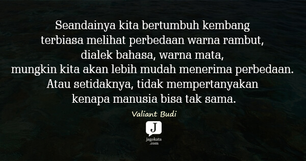Valiant Budi - Seandainya kita bertumbuh kembang terbiasa melihat perbedaan warna rambut, dialek bahasa, warna mata, mungkin kita akan lebih mudah menerima perbedaan. Atau setidaknya, tidak mempertanyakan kenapa manusia bisa tak sama.